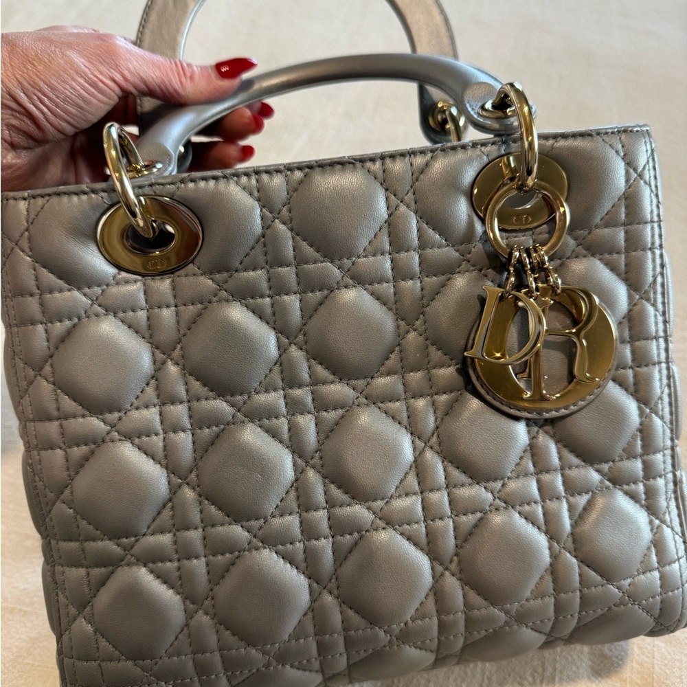 Dior LADY DIOR Medium Metallic Gray Quilted Bag - Authentic - Picture 9 of 14